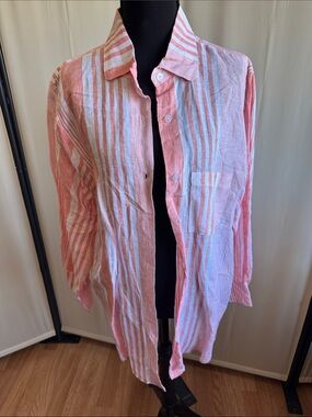 Striped Pink and White Lightweight Button-Up Shirt,size XL,100%linen